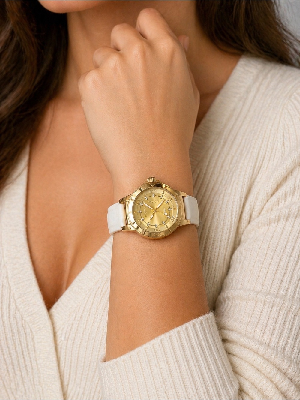 Gold Dial Women's Watch with White Strap